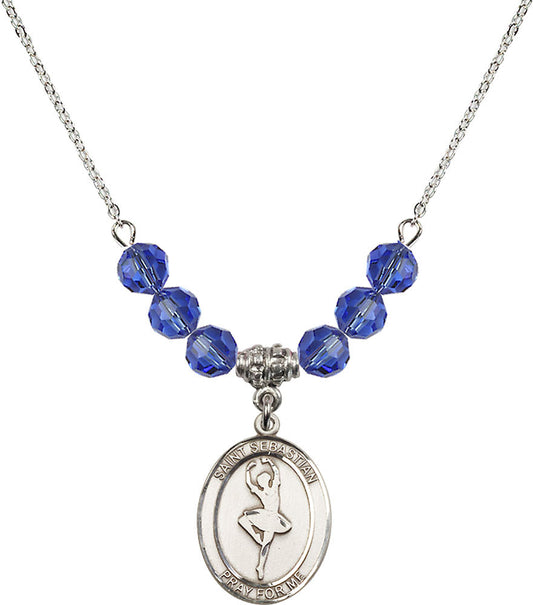 Sterling Silver Saint Sebastian/Dance Birthstone Necklace with Sapphire Beads - 8173