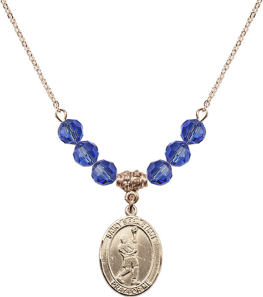 14kt Gold Filled Saint Sebastian/Lacrosse Birthstone Necklace with Sapphire Beads - 8174