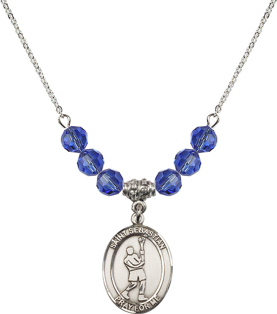 Sterling Silver Saint Sebastian/Lacrosse Birthstone Necklace with Sapphire Beads - 8174