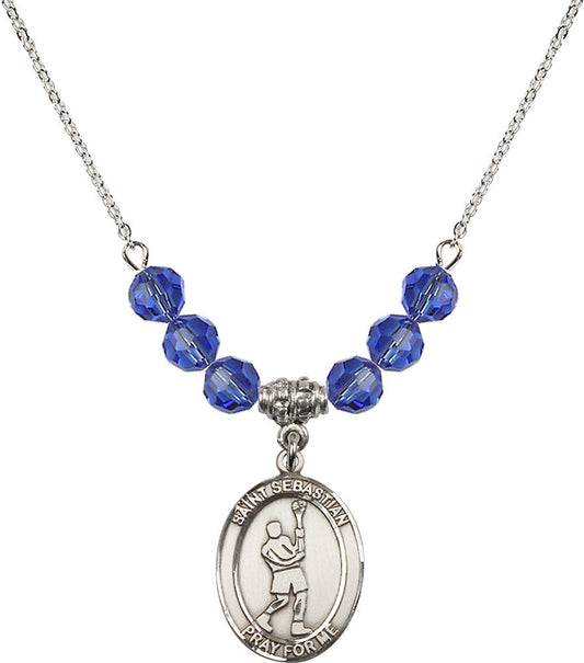 Sterling Silver Saint Sebastian/Lacrosse Birthstone Necklace with Sapphire Beads - 8174