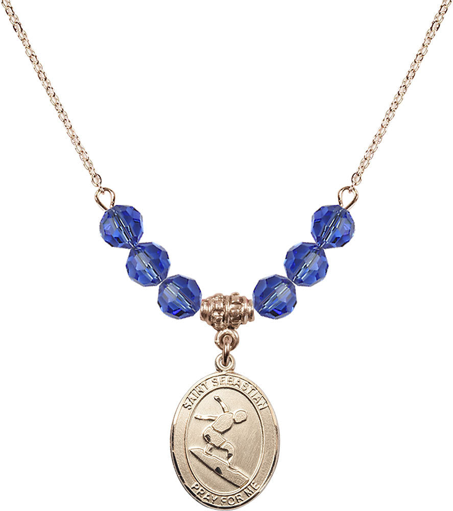 14kt Gold Filled Saint Sebastian/Surfing Birthstone Necklace with Sapphire Beads - 8175