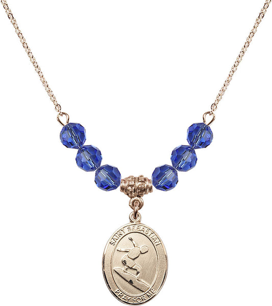 14kt Gold Filled Saint Sebastian/Surfing Birthstone Necklace with Sapphire Beads - 8175