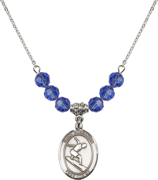 Sterling Silver Saint Sebastian/Surfing Birthstone Necklace with Sapphire Beads - 8175