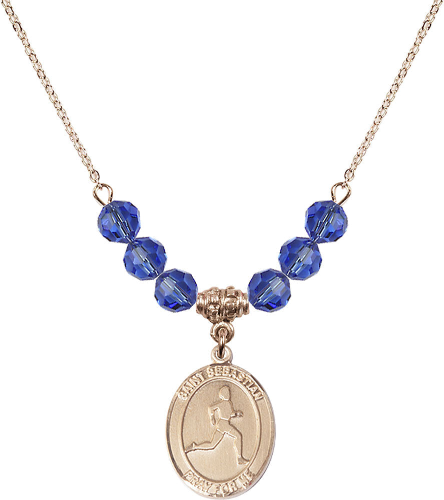 14kt Gold Filled Saint Sebastian/Track & Field Birthstone Necklace with Sapphire Beads - 8176