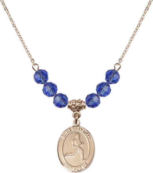 14kt Gold Filled Saint Sebastian/Track & Field Birthstone Necklace with Sapphire Beads - 8176