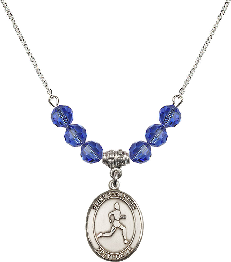 Sterling Silver Saint Sebastian/Track & Field Birthstone Necklace with Sapphire Beads - 8176