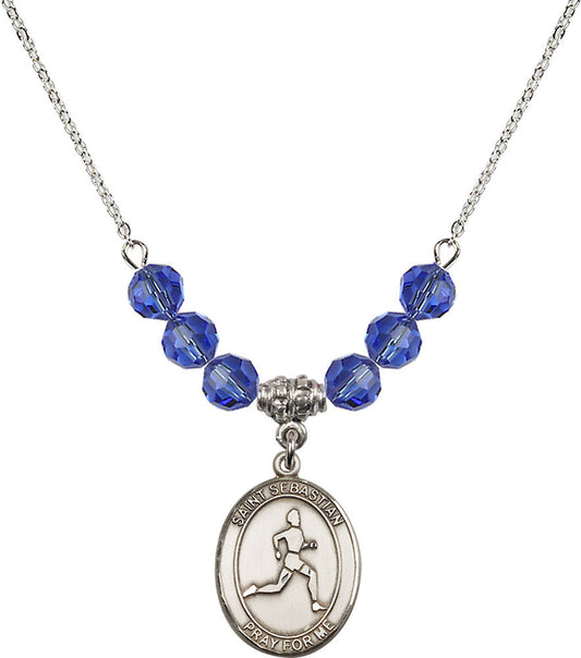 Sterling Silver Saint Sebastian/Track & Field Birthstone Necklace with Sapphire Beads - 8176