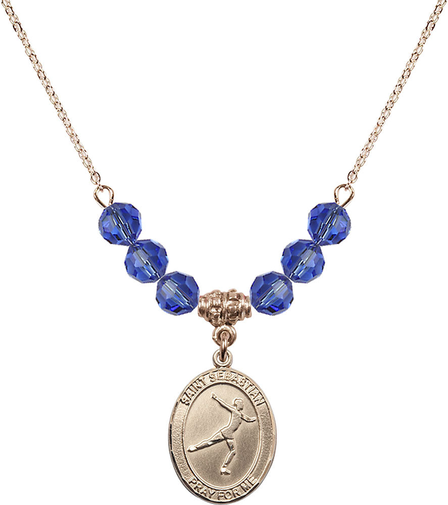 14kt Gold Filled Saint Sebastian/Figure Skating Birthstone Necklace with Sapphire Beads - 8177
