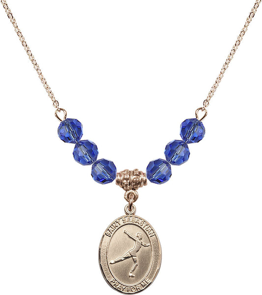 14kt Gold Filled Saint Sebastian/Figure Skating Birthstone Necklace with Sapphire Beads - 8177