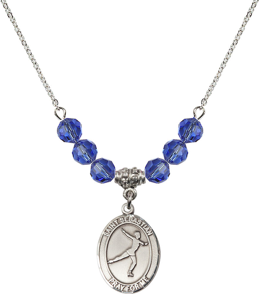 Sterling Silver Saint Sebastian/Figure Skating Birthstone Necklace with Sapphire Beads - 8177