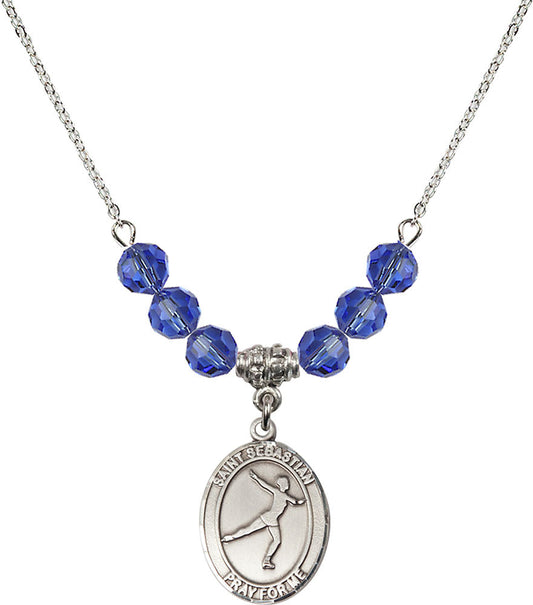 Sterling Silver Saint Sebastian/Figure Skating Birthstone Necklace with Sapphire Beads - 8177