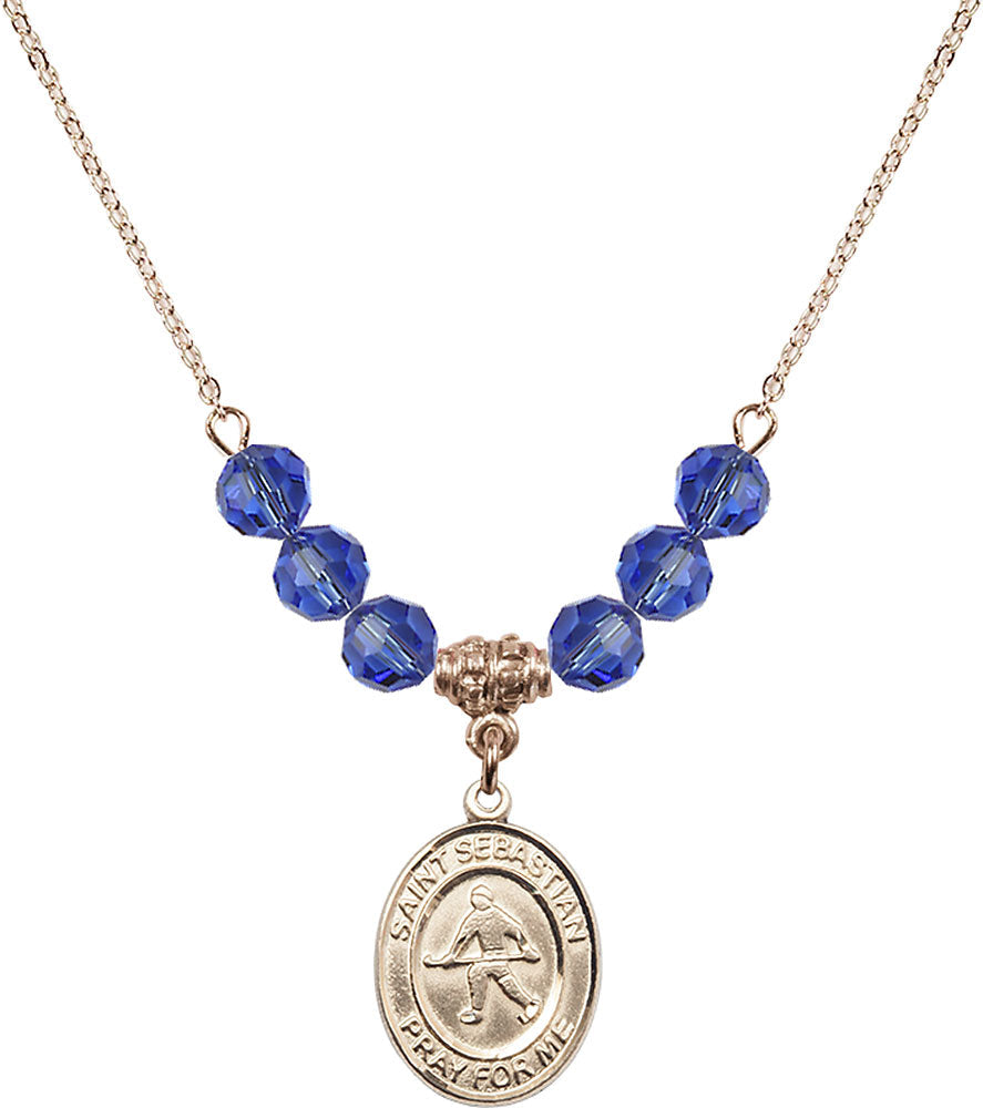 14kt Gold Filled Saint Sebastian/Field Hockey Birthstone Necklace with Sapphire Beads - 8178