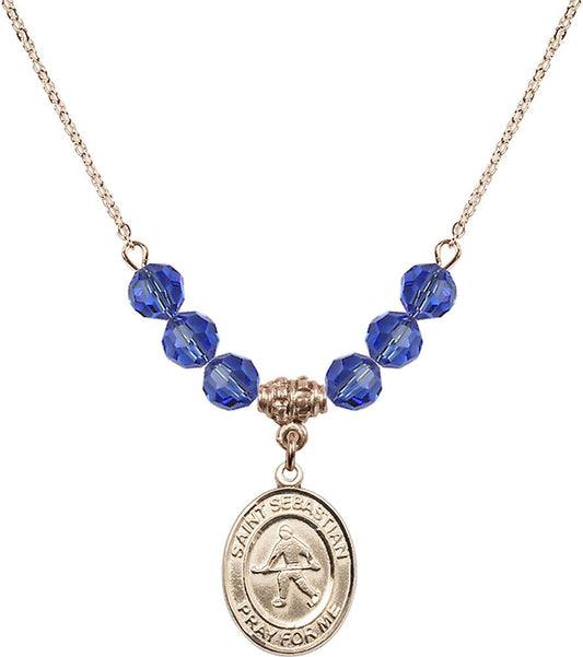 14kt Gold Filled Saint Sebastian/Field Hockey Birthstone Necklace with Sapphire Beads - 8178