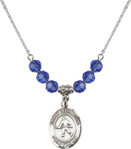 Sterling Silver Saint Sebastian/Field Hockey Birthstone Necklace with Sapphire Beads - 8178