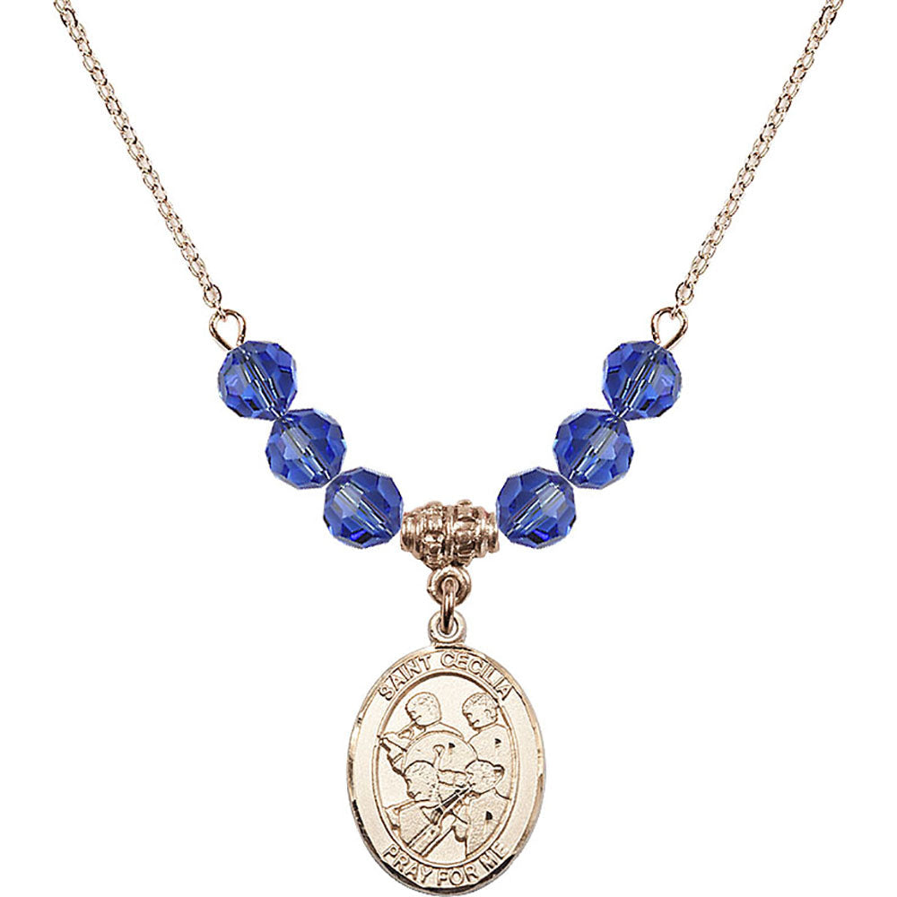 14kt Gold Filled Saint Cecilia / Marching Band Birthstone Necklace with Sapphire Beads - 8179
