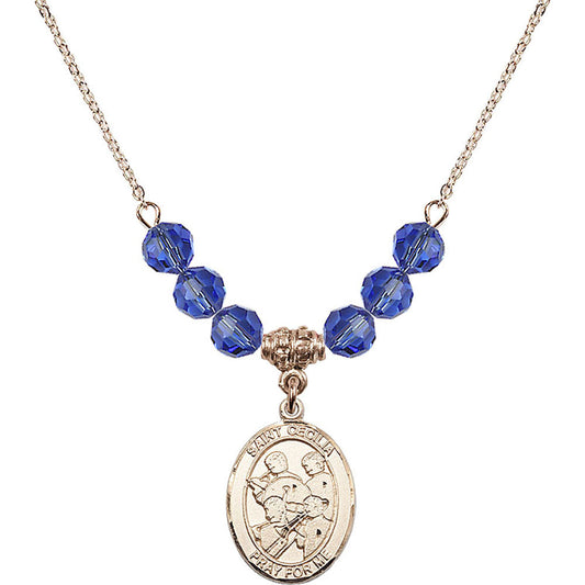 14kt Gold Filled Saint Cecilia / Marching Band Birthstone Necklace with Sapphire Beads - 8179