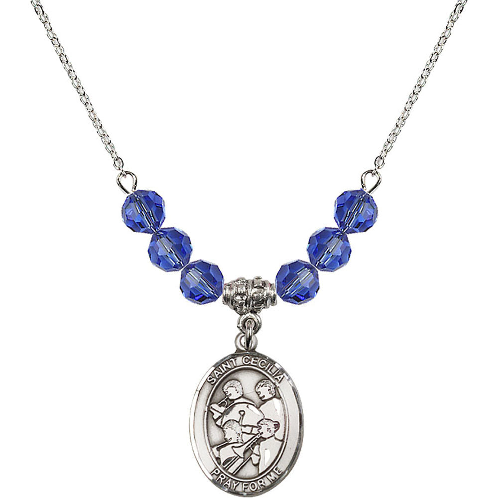 Sterling Silver Saint Cecilia / Marching Band Birthstone Necklace with Sapphire Beads - 8179