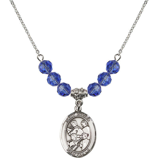 Sterling Silver Saint Cecilia / Marching Band Birthstone Necklace with Sapphire Beads - 8179