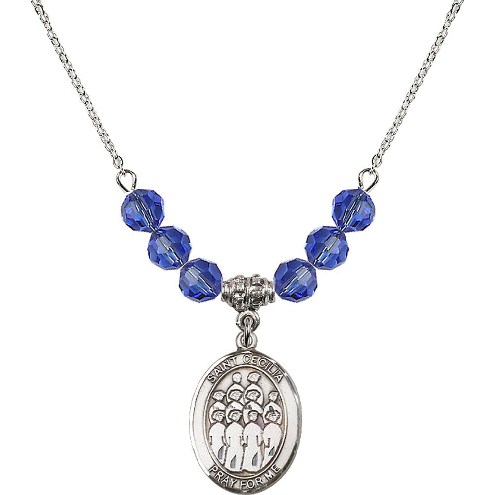 Sterling Silver Saint Cecilia / Choir Birthstone Necklace with Sapphire Beads - 8180