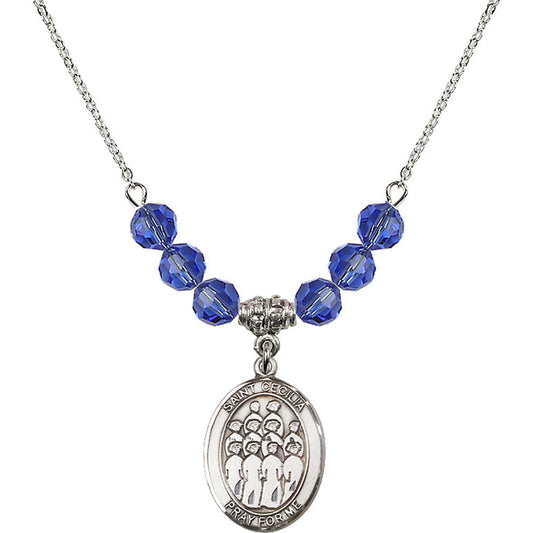 Sterling Silver Saint Cecilia / Choir Birthstone Necklace with Sapphire Beads - 8180