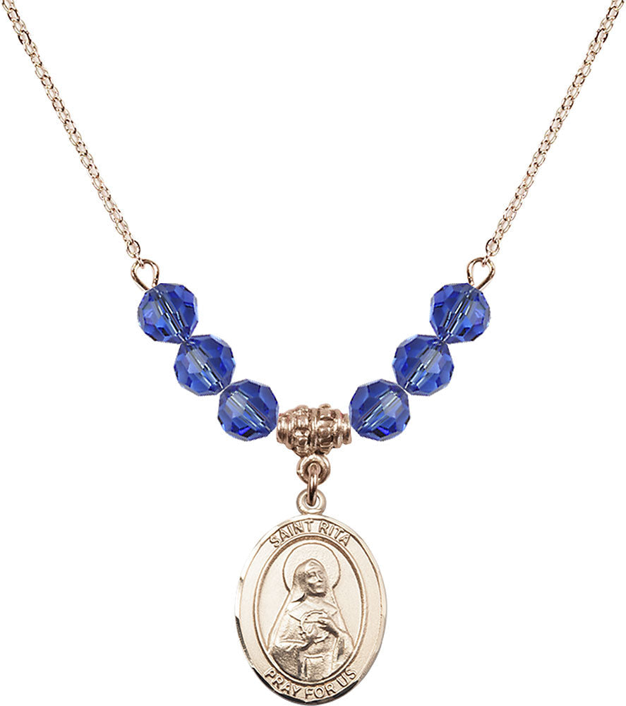 14kt Gold Filled Saint Rita / Baseball Birthstone Necklace with Sapphire Beads - 8181