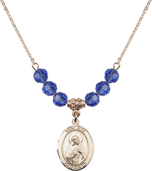 14kt Gold Filled Saint Rita / Baseball Birthstone Necklace with Sapphire Beads - 8181