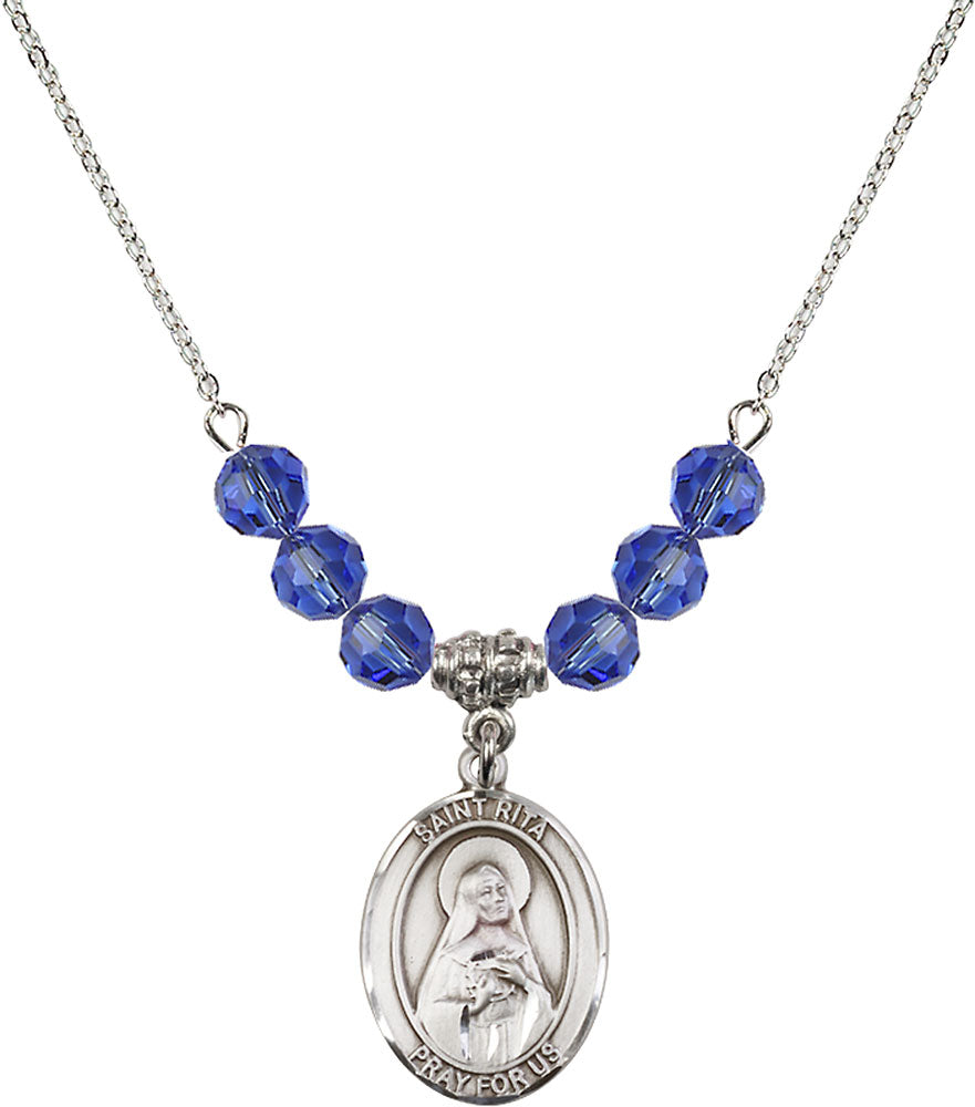 Sterling Silver Saint Rita / Baseball Birthstone Necklace with Sapphire Beads - 8181