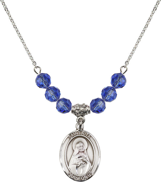 Sterling Silver Saint Rita / Baseball Birthstone Necklace with Sapphire Beads - 8181