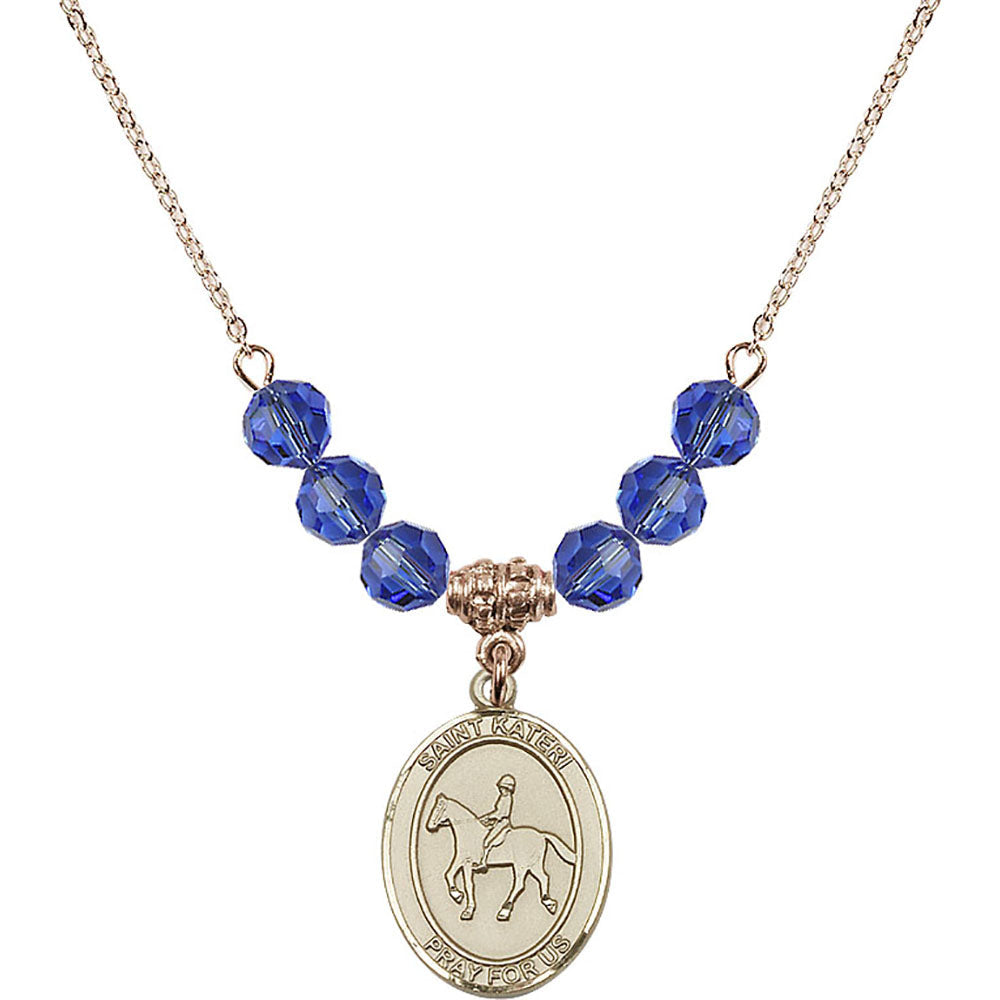 14kt Gold Filled Saint Kateri/Equestrian Birthstone Necklace with Sapphire Beads - 8182