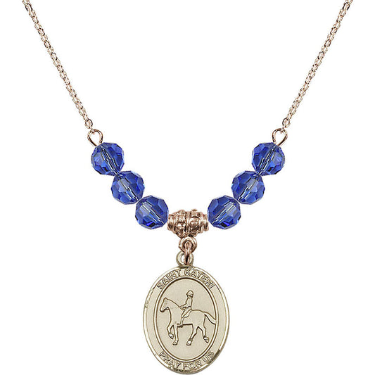 14kt Gold Filled Saint Kateri/Equestrian Birthstone Necklace with Sapphire Beads - 8182