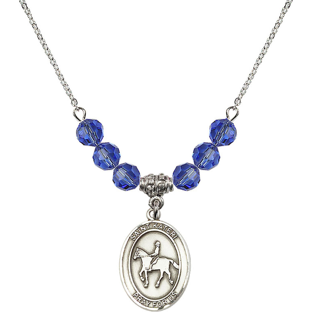 Sterling Silver Saint Kateri/Equestrian Birthstone Necklace with Sapphire Beads - 8182