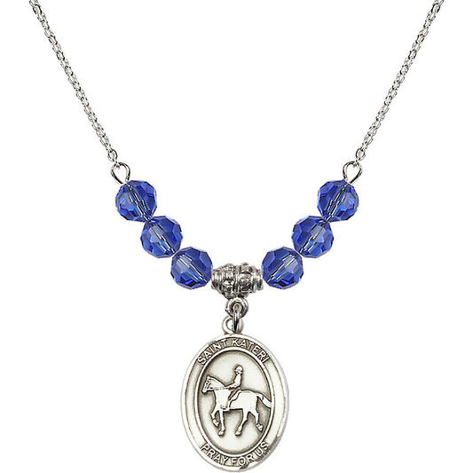 Sterling Silver Saint Kateri/Equestrian Birthstone Necklace with Sapphire Beads - 8182