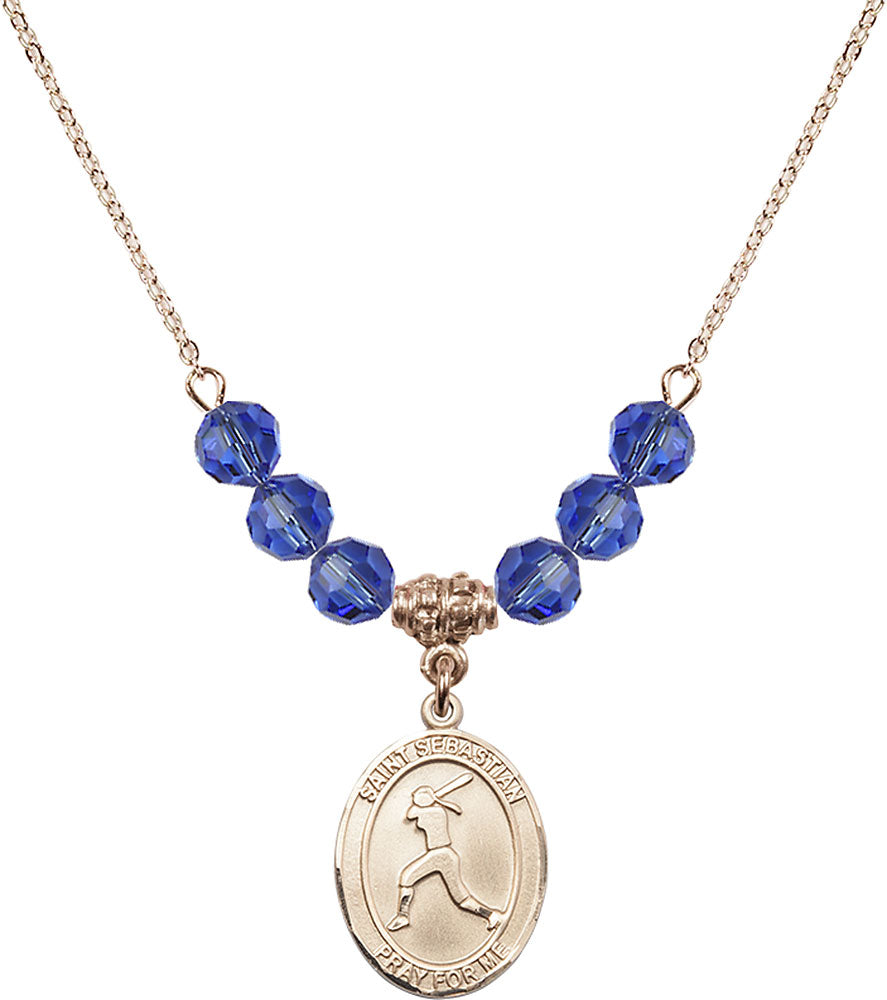 14kt Gold Filled Saint Sebastian / Softball Birthstone Necklace with Sapphire Beads - 8183