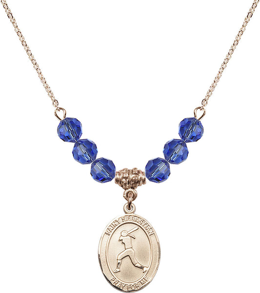 14kt Gold Filled Saint Sebastian / Softball Birthstone Necklace with Sapphire Beads - 8183