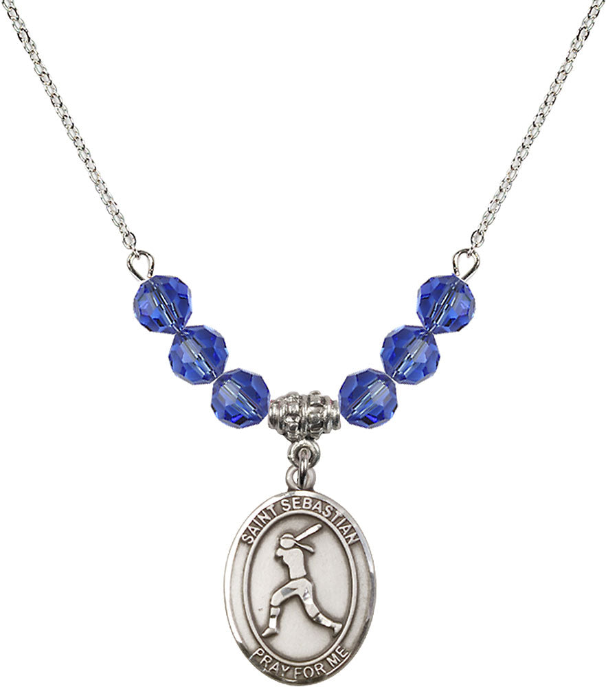 Sterling Silver Saint Sebastian / Softball Birthstone Necklace with Sapphire Beads - 8183