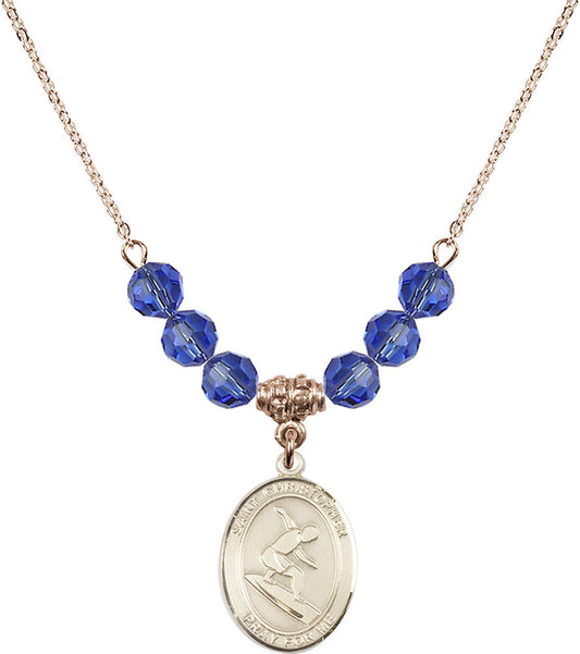 14kt Gold Filled Saint Christopher/Surfing Birthstone Necklace with Sapphire Beads - 8184