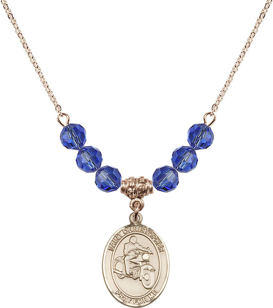 14kt Gold Filled Saint Christopher/Motorcycle Birthstone Necklace with Sapphire Beads - 8185