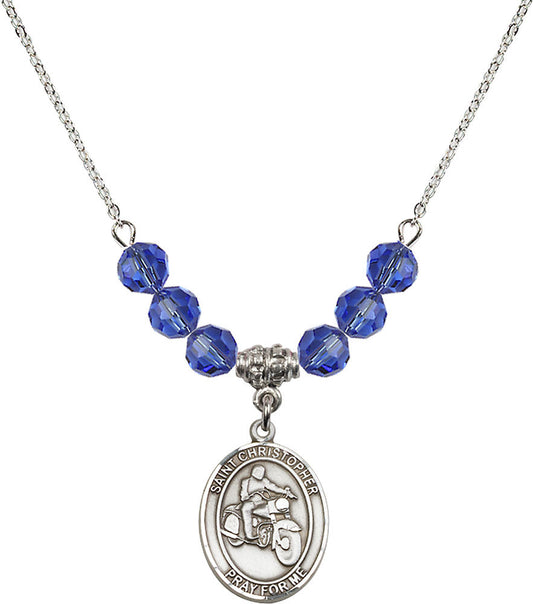 Sterling Silver Saint Christopher/Motorcycle Birthstone Necklace with Sapphire Beads - 8185