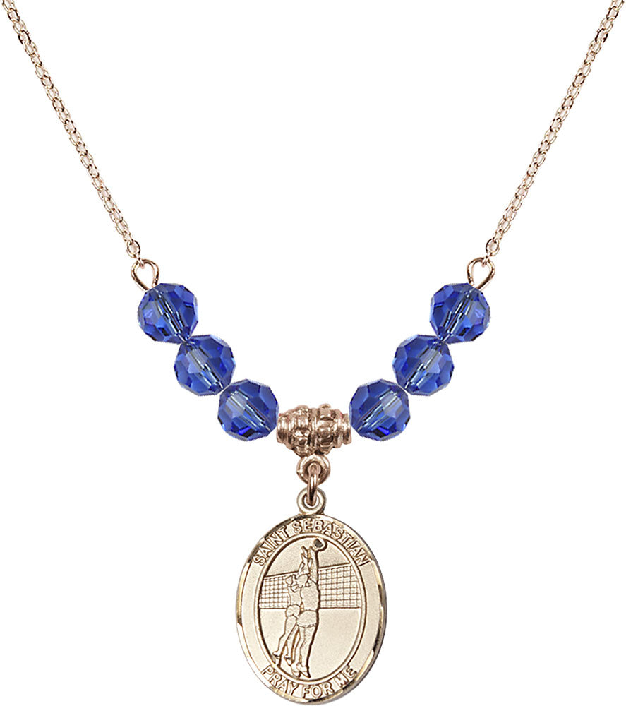 14kt Gold Filled Saint Sebastian / Volleyball Birthstone Necklace with Sapphire Beads - 8186