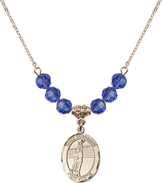 14kt Gold Filled Saint Sebastian / Volleyball Birthstone Necklace with Sapphire Beads - 8186