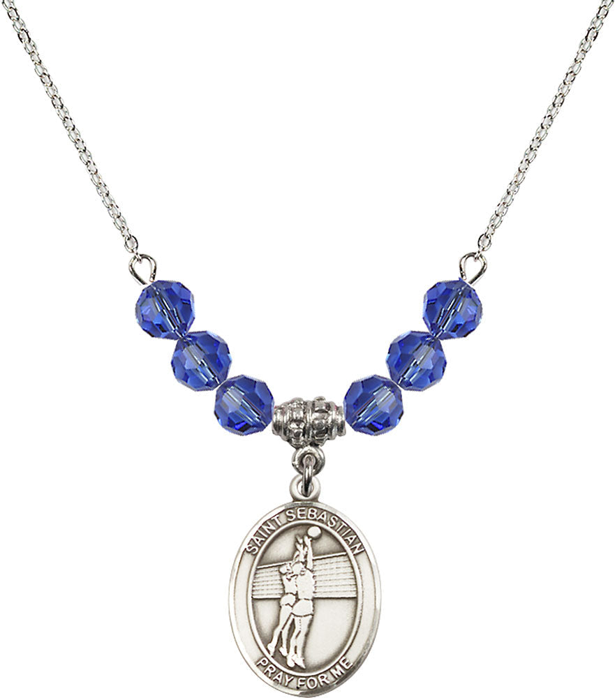 Sterling Silver Saint Sebastian / Volleyball Birthstone Necklace with Sapphire Beads - 8186
