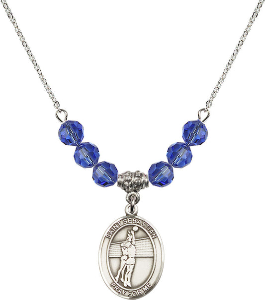 Sterling Silver Saint Sebastian / Volleyball Birthstone Necklace with Sapphire Beads - 8186
