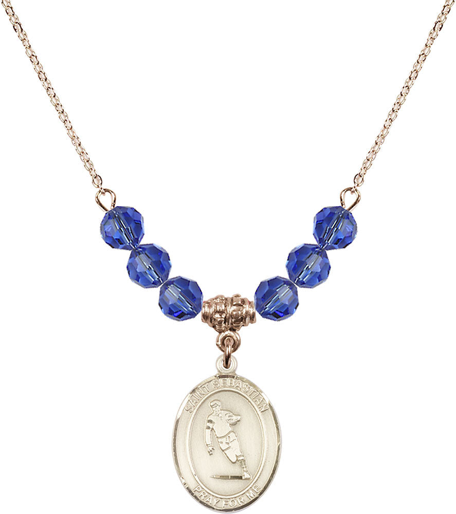 14kt Gold Filled Saint Sebastian / Rugby Birthstone Necklace with Sapphire Beads - 8187