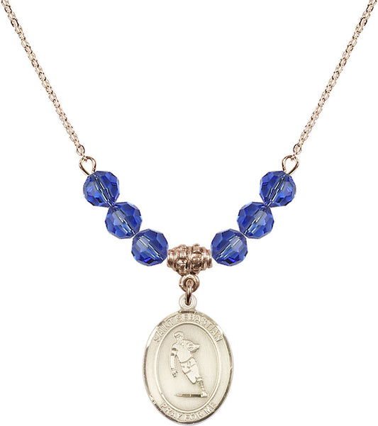 14kt Gold Filled Saint Sebastian / Rugby Birthstone Necklace with Sapphire Beads - 8187