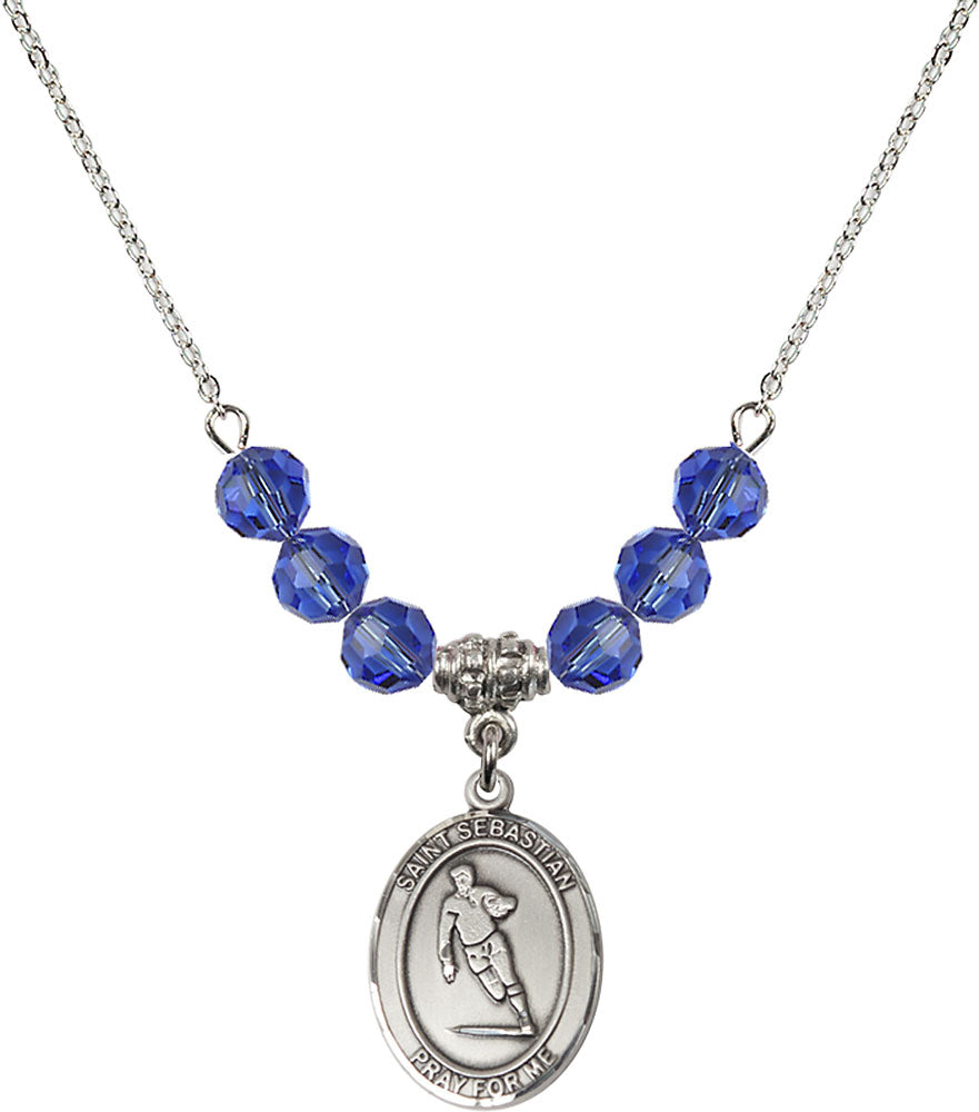 Sterling Silver Saint Sebastian / Rugby Birthstone Necklace with Sapphire Beads - 8187