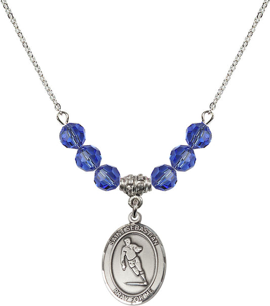 Sterling Silver Saint Sebastian / Rugby Birthstone Necklace with Sapphire Beads - 8187