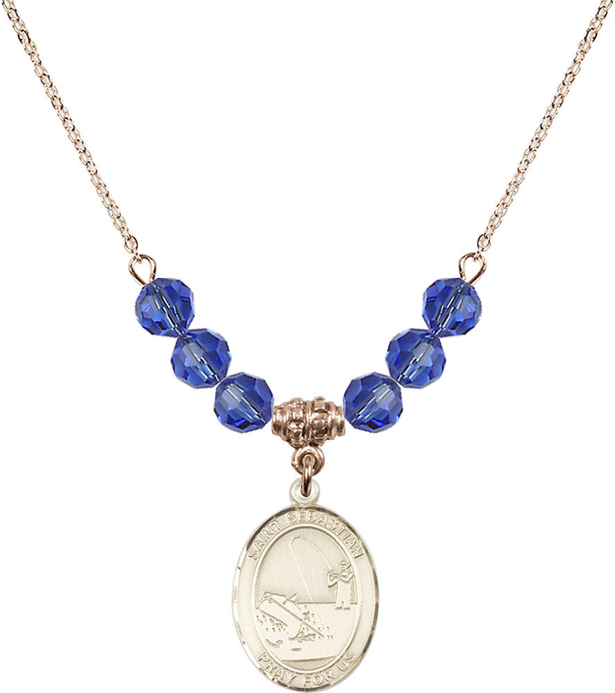 14kt Gold Filled Saint Sebastian / Fishing Birthstone Necklace with Sapphire Beads - 8188