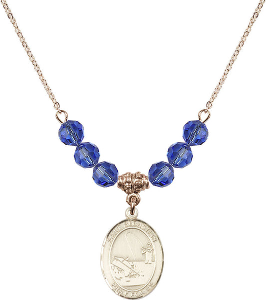 14kt Gold Filled Saint Sebastian / Fishing Birthstone Necklace with Sapphire Beads - 8188