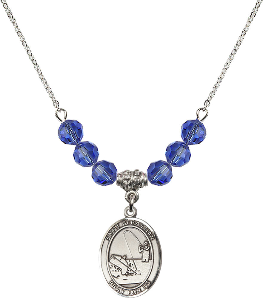 Sterling Silver Saint Sebastian / Fishing Birthstone Necklace with Sapphire Beads - 8188