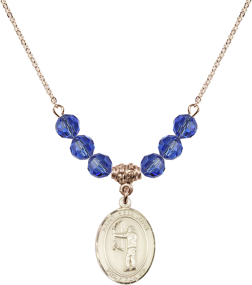 14kt Gold Filled Saint Sebastian / Archery Birthstone Necklace with Sapphire Beads - 8189